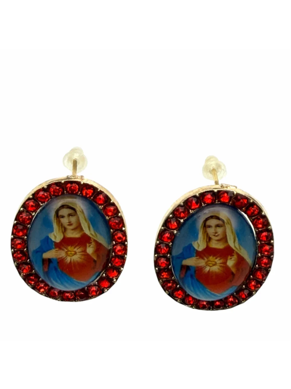 Sacred Heart of Mary Red Rhinestone 1” Oval Stud Earrings Gold Tone Catholic